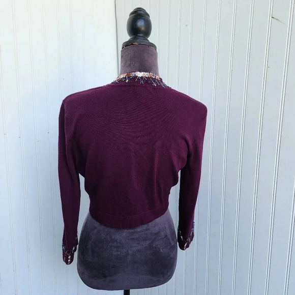 CACHE Purple Eggplant Sequin Bolero Shrug Jacket Formal Cropped Beaded Top Sz S - Picture 5 of 12
